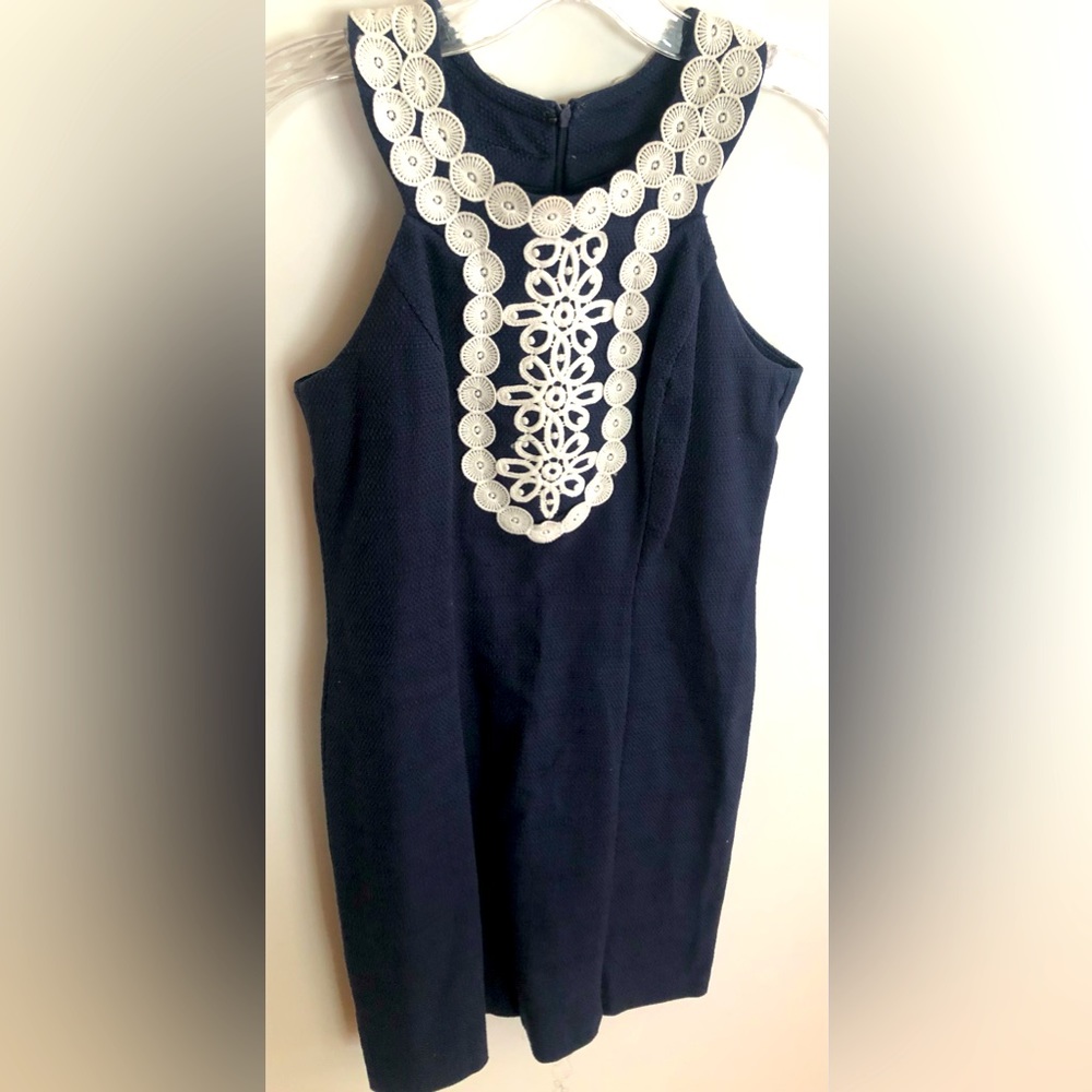 JUST TAYLOR Navy Blue Dress w/ White Lacy Collar Sleeveless  Size 4